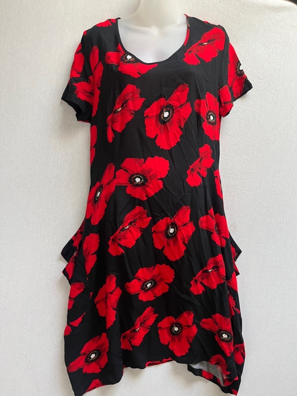 Molly N Red Floral Lagenlook Parachute Midi Dress Pockets Sz 14 NZ/ Sz 10 US